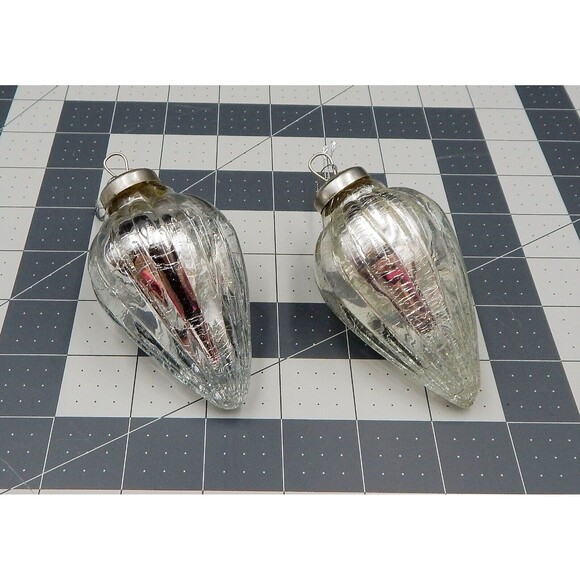 Silver Teardrop Crackle Glass Ornament Ribbed Heavy Set of 2 - Picture 2 of 6